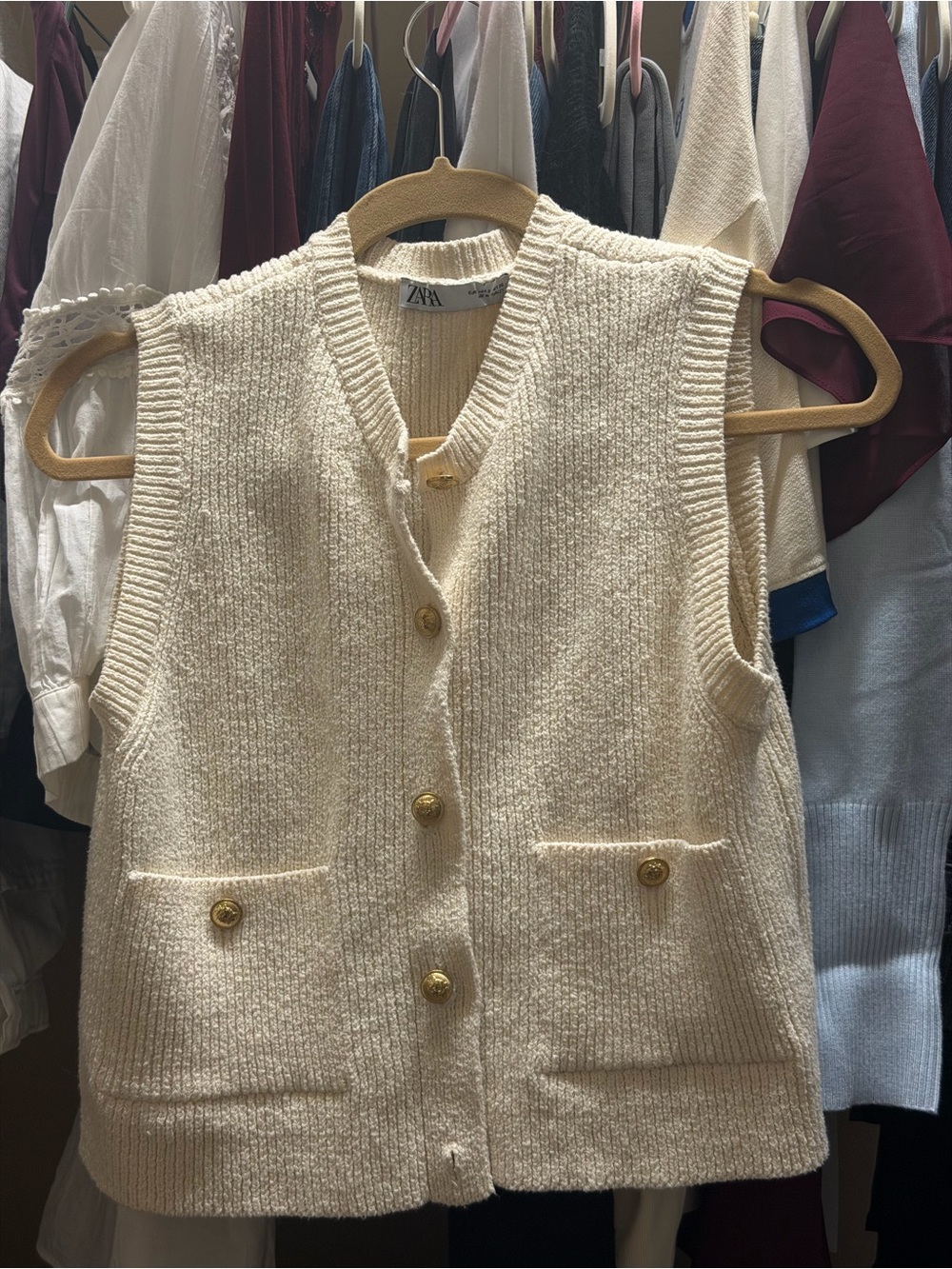 ZARA Cream Knit Button-Front Sweater Vest with Gold Buttons